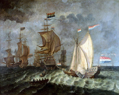 Tall Ships, Full Sail White Modern Wood Framed Art Print with Double Matting by Unknown