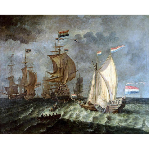 Tall Ships, Full Sail Black Modern Wood Framed Art Print by Unknown