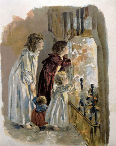 Three Children By Fireplace White Modern Wood Framed Art Print with Double Matting by Unknown