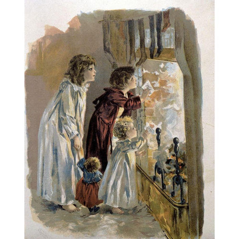 Three Children By Fireplace Black Modern Wood Framed Art Print by Unknown