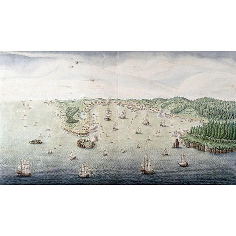 Veue Du Port De Louis - Bourg Dans LIsle Royale Gold Ornate Wood Framed Art Print with Double Matting by Unknown