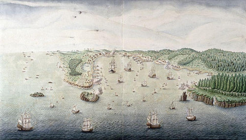 Veue Du Port De Louis - Bourg Dans LIsle Royale Black Ornate Wood Framed Art Print with Double Matting by Unknown