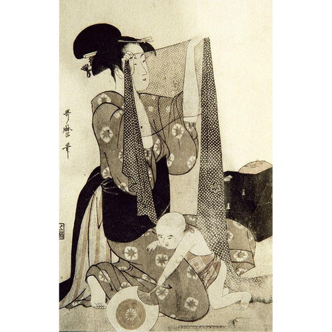 Mother and Child White Modern Wood Framed Art Print by Utamaro, Kitagawa