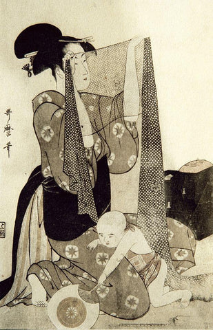 Mother and Child White Modern Wood Framed Art Print with Double Matting by Utamaro, Kitagawa