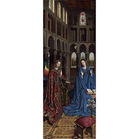 Annunciation Black Modern Wood Framed Art Print with Double Matting by Van Eyck, Jan