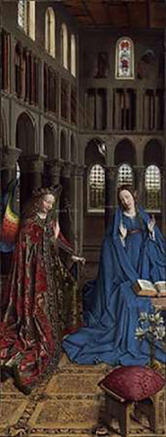 Annunciation Black Ornate Wood Framed Art Print with Double Matting by Van Eyck, Jan