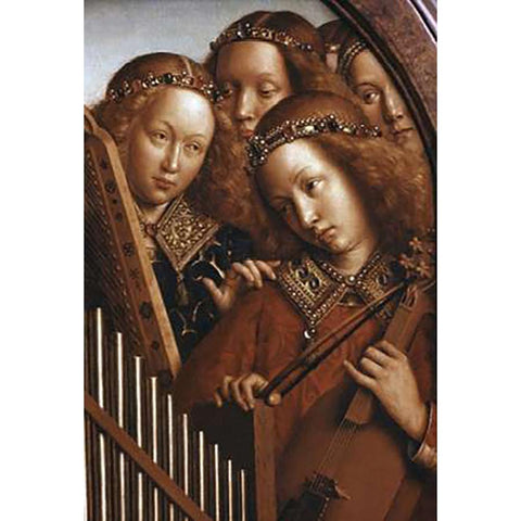 Singing Angels - Ghent Altarpiece Gold Ornate Wood Framed Art Print with Double Matting by Van Eyck, Jan