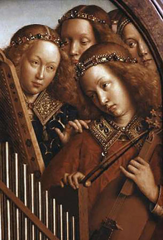 Singing Angels - Ghent Altarpiece White Modern Wood Framed Art Print with Double Matting by Van Eyck, Jan