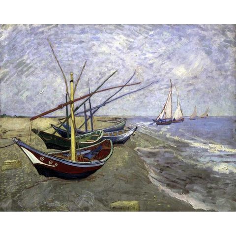 Fishing Boats On The Beachat Saintes-Maries Gold Ornate Wood Framed Art Print with Double Matting by Van Gogh, Vincent