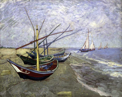 Fishing Boats On The Beachat Saintes-Maries White Modern Wood Framed Art Print with Double Matting by Van Gogh, Vincent