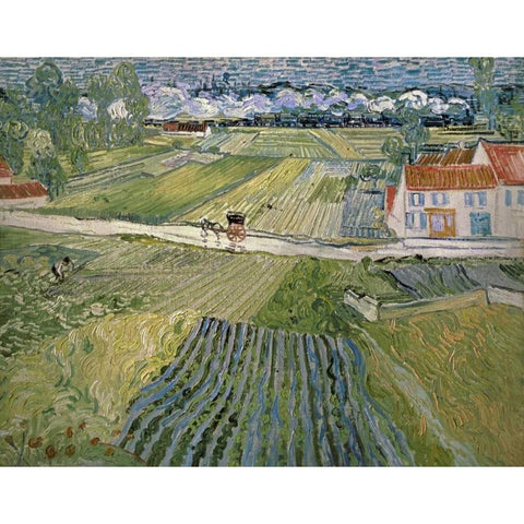 Landscape With Carriage and Train Black Modern Wood Framed Art Print with Double Matting by Van Gogh, Vincent