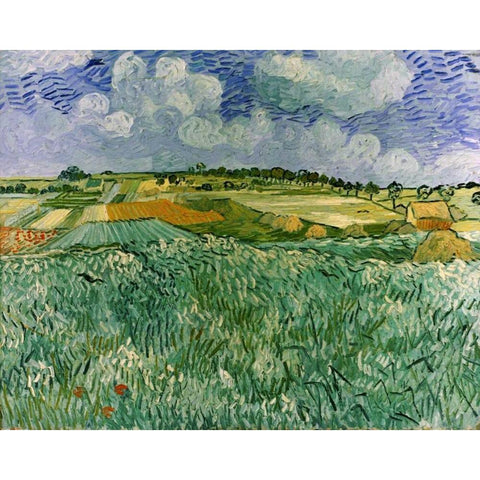 Plain Near Auvers Gold Ornate Wood Framed Art Print with Double Matting by Van Gogh, Vincent