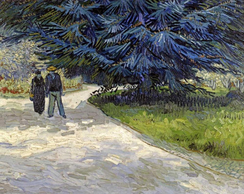 Public Garden with Couple and Blue Fir Tree White Modern Wood Framed Art Print with Double Matting by Van Gogh, Vincent