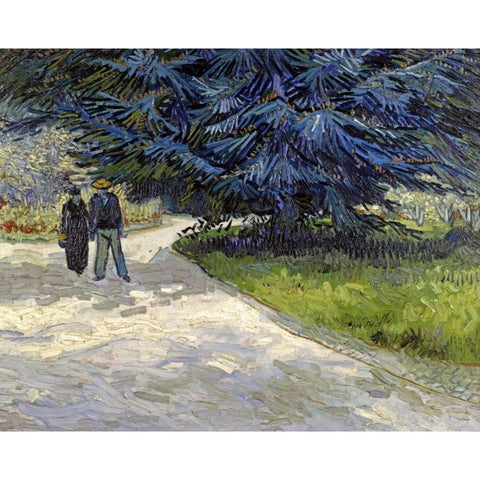 Public Garden with Couple and Blue Fir Tree Gold Ornate Wood Framed Art Print with Double Matting by Van Gogh, Vincent