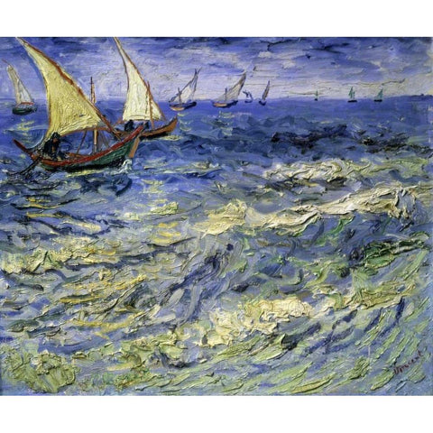 Seascape at Saintes-Maries-De-La-Mer Black Modern Wood Framed Art Print with Double Matting by Van Gogh, Vincent