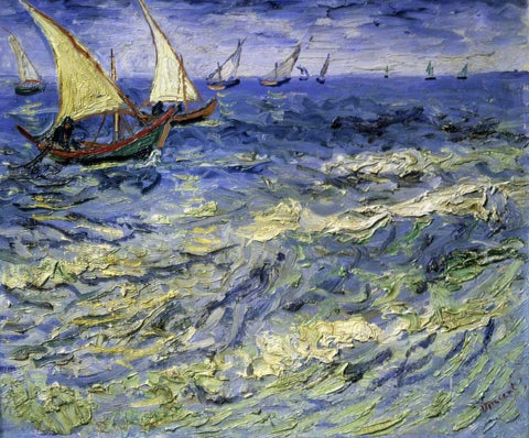 Seascape at Saintes-Maries-De-La-Mer White Modern Wood Framed Art Print with Double Matting by Van Gogh, Vincent