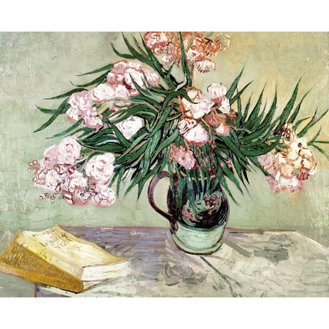 Still Life: Vase with Oleanders and Books Black Modern Wood Framed Art Print with Double Matting by Van Gogh, Vincent