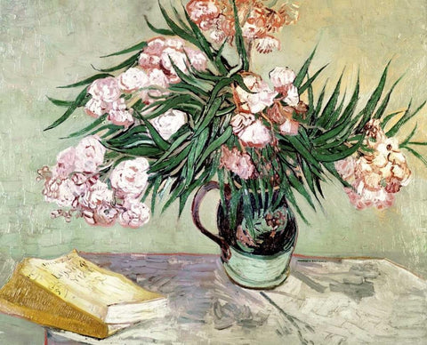 Still Life: Vase with Oleanders and Books White Modern Wood Framed Art Print with Double Matting by Van Gogh, Vincent