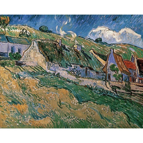 Thatched Cottages Gold Ornate Wood Framed Art Print with Double Matting by Van Gogh, Vincent