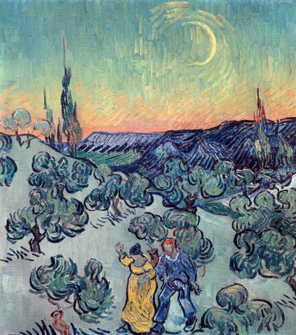 The Stroll, Evening White Modern Wood Framed Art Print with Double Matting by Van Gogh, Vincent