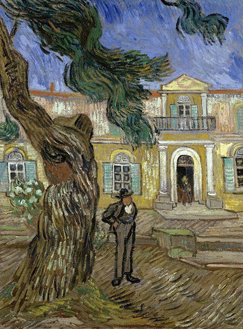 Tree and Man (Saint Paul Hospital at Saint Remy) White Modern Wood Framed Art Print with Double Matting by Van Gogh, Vincent