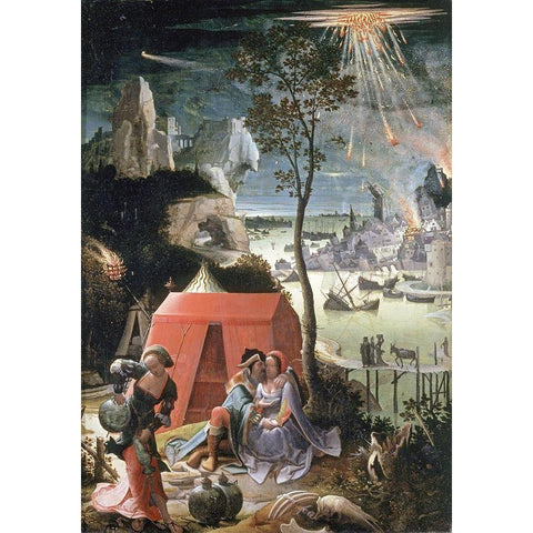 Lot and His Daughters Gold Ornate Wood Framed Art Print with Double Matting by Van Leyden, Lucas