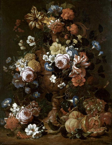 Roses, Carnations and Other Flower In An Urn White Modern Wood Framed Art Print with Double Matting by Van Veerendael, Nicolas