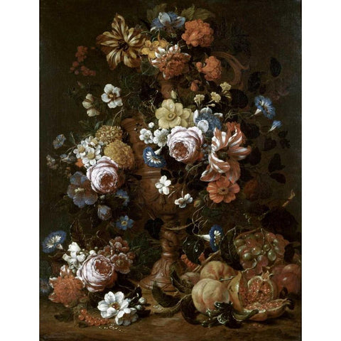 Roses, Carnations and Other Flower In An Urn White Modern Wood Framed Art Print by Van Veerendael, Nicolas