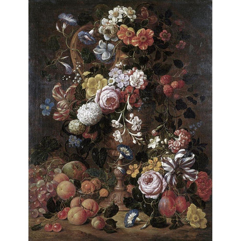 Roses, Dahlias, Convolvulus and Other Flowers Black Modern Wood Framed Art Print by Veerendael, Nicolas van