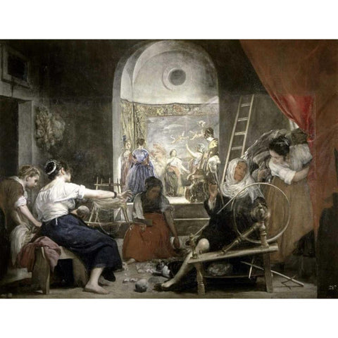 Spinners Las Hilanderas Black Modern Wood Framed Art Print with Double Matting by Velazquez, Diego