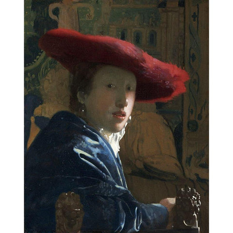 Girl with a Red Hat White Modern Wood Framed Art Print by Vermeer, Johannes