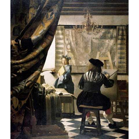 The Artists Studio White Modern Wood Framed Art Print by Vermeer, Johannes