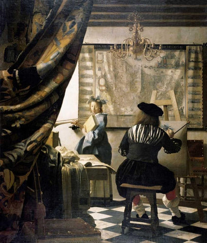 The Artists Studio Black Ornate Wood Framed Art Print with Double Matting by Vermeer, Johannes