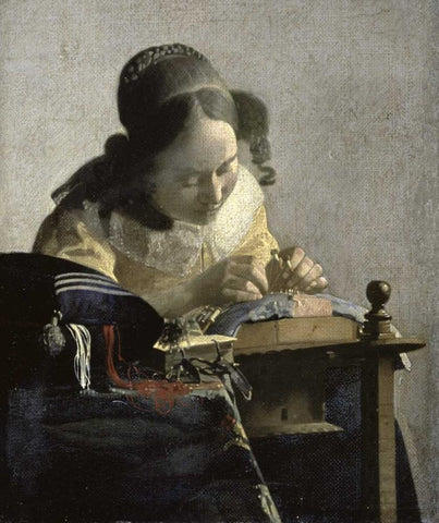 The Lacemaker White Modern Wood Framed Art Print with Double Matting by Vermeer, Johannes