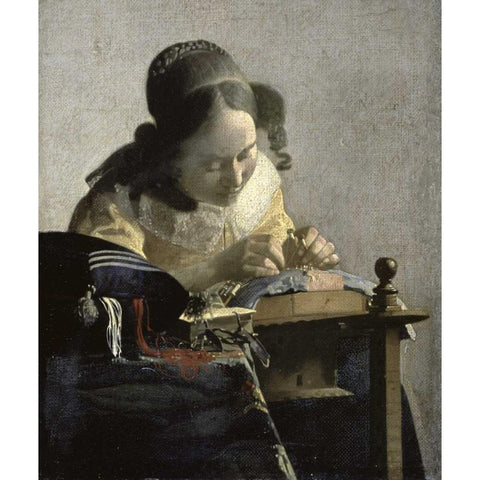 The Lacemaker Black Modern Wood Framed Art Print with Double Matting by Vermeer, Johannes