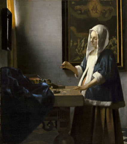 Woman Holding a Balance Black Ornate Wood Framed Art Print with Double Matting by Vermeer, Johannes