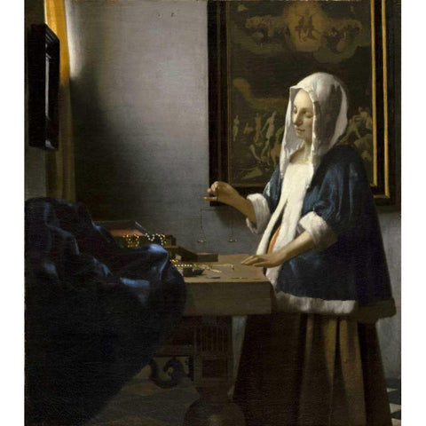 Woman Holding a Balance White Modern Wood Framed Art Print by Vermeer, Johannes