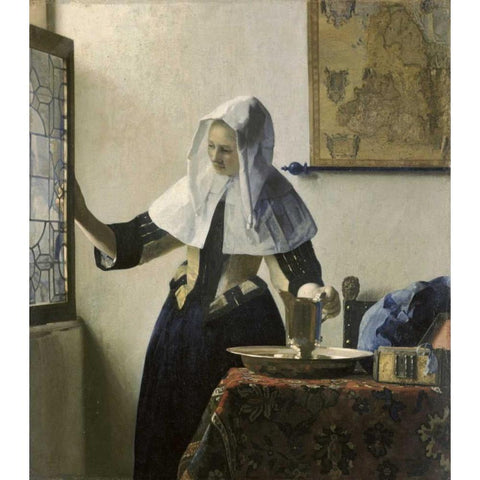 Woman with a Water Jug White Modern Wood Framed Art Print by Vermeer, Johannes