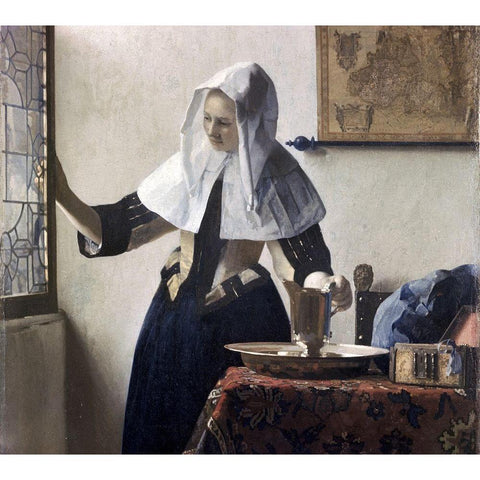 Woman with a Water Jug - Detail Gold Ornate Wood Framed Art Print with Double Matting by Vermeer, Johannes