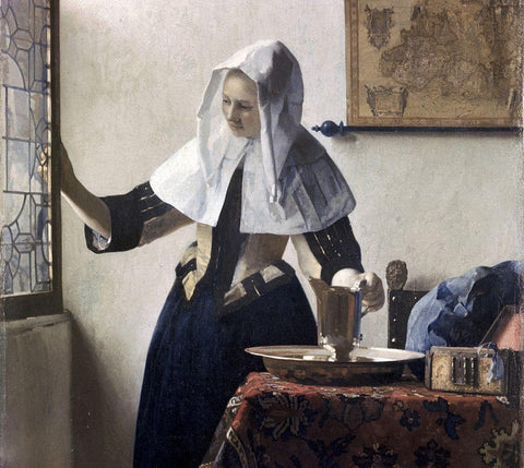 Woman with a Water Jug - Detail White Modern Wood Framed Art Print with Double Matting by Vermeer, Johannes