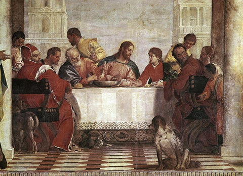 Dinner In The House of Levi - Detail White Modern Wood Framed Art Print with Double Matting by Veronese, Paolo