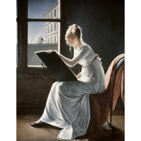 Young Woman Drawing 1801 White Modern Wood Framed Art Print by Villers, Marie Denise