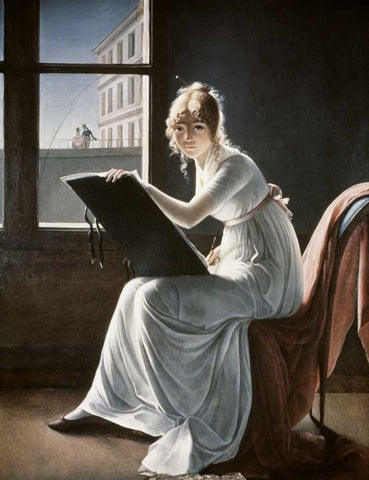 Young Woman Drawing 1801 Black Ornate Wood Framed Art Print with Double Matting by Villers, Marie Denise