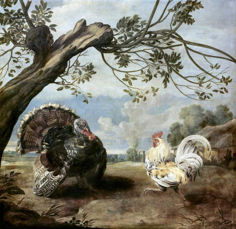 Cock and Turkey White Modern Wood Framed Art Print with Double Matting by De Vos, Paul