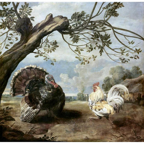 Cock and Turkey Black Modern Wood Framed Art Print by De Vos, Paul