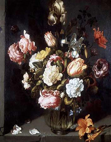 Tulips and Peonies in a Vase Black Ornate Wood Framed Art Print with Double Matting by Vosmaer, Jacob Woutersz