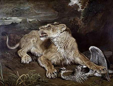 A Lioness and a Heron Black Ornate Wood Framed Art Print with Double Matting by Ward, James