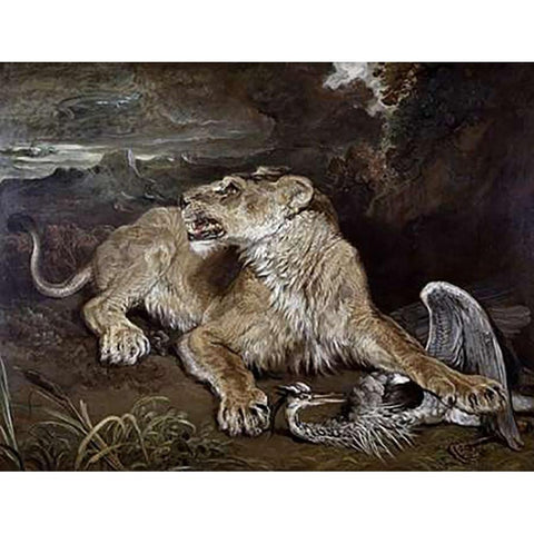 A Lioness and a Heron Black Modern Wood Framed Art Print by Ward, James