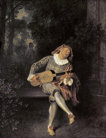 Mezzetin Black Ornate Wood Framed Art Print with Double Matting by Watteau, Jean-Antoine
