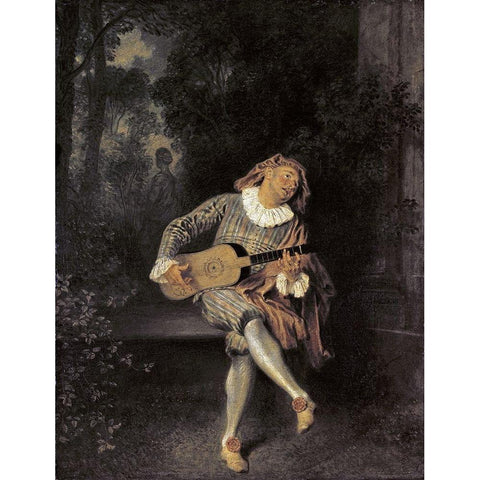 Mezzetin Gold Ornate Wood Framed Art Print with Double Matting by Watteau, Jean-Antoine